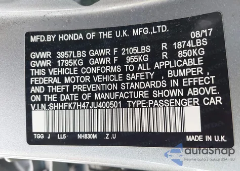 2018 Honda Civic Sport from USA, damaged, VIN SHHFK7H47JU400501